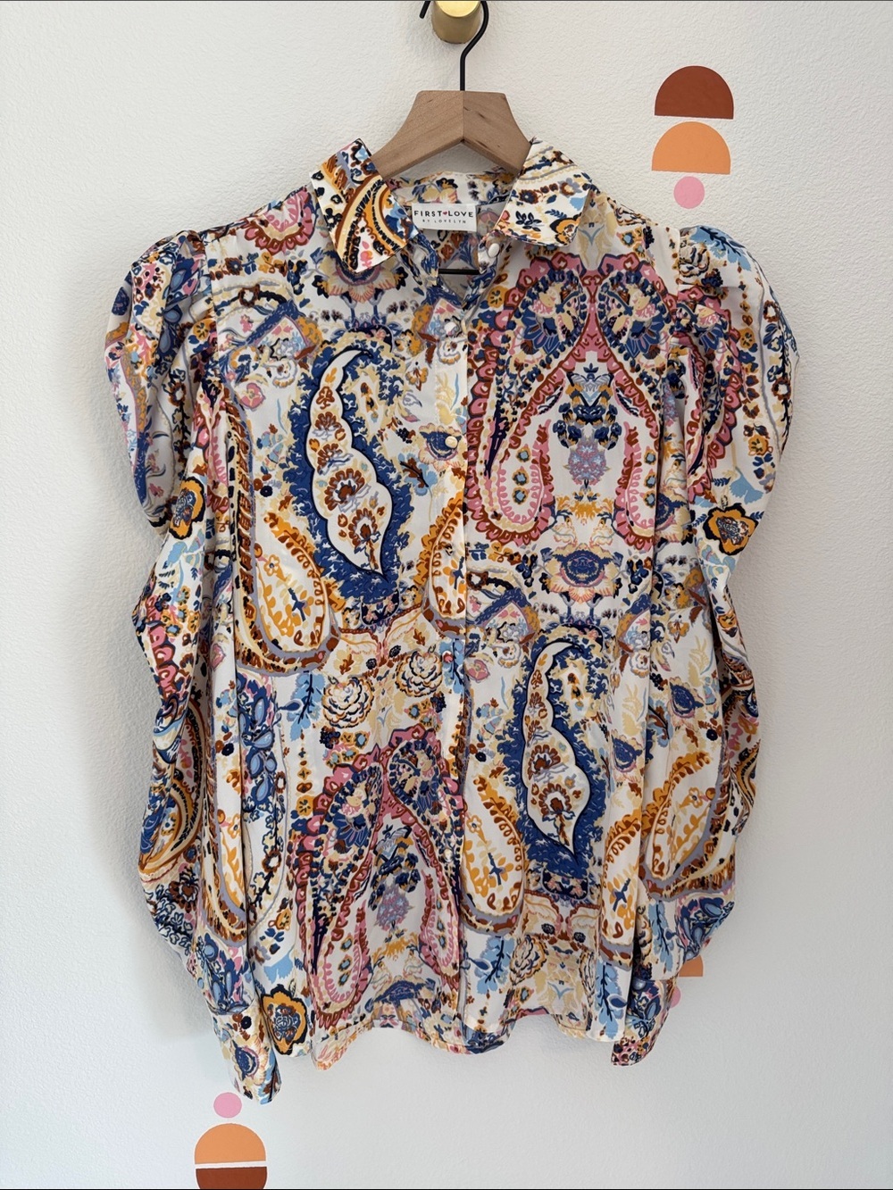 First Love Paisley Puff-Sleeve Blouse - Pink, Blue, Gold N0158